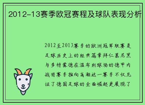 2012-13赛季欧冠赛程及球队表现分析