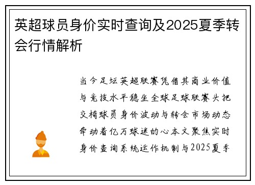 英超球员身价实时查询及2025夏季转会行情解析